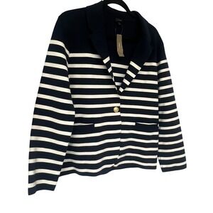 J.Crew NWT Navy White Striped Sweater Blazer Gold Crest Button Women's Large